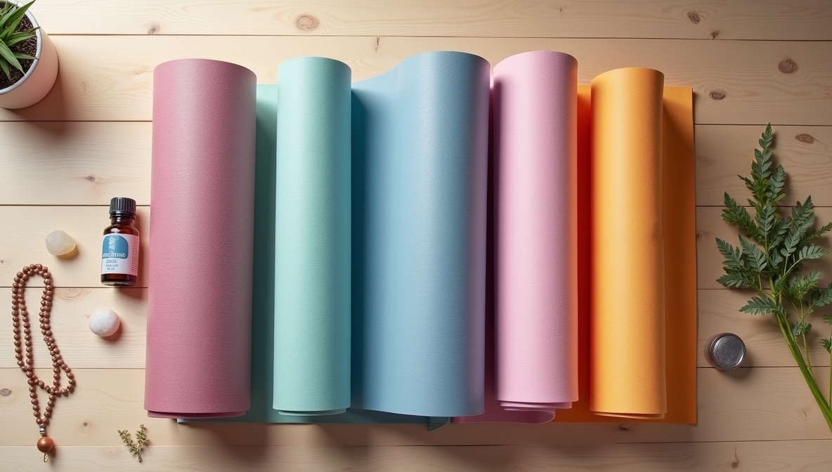 "Flat lay photography of colorful yoga mats on light wooden floor, styled with small wellness items (crystals, essential oil bottle, plant sprig, mala beads), soft natural lighting, minimalist clean aesthetic, mats in gradient arrangement from light to dark tones, professional quality image, 1120x560 resolution"